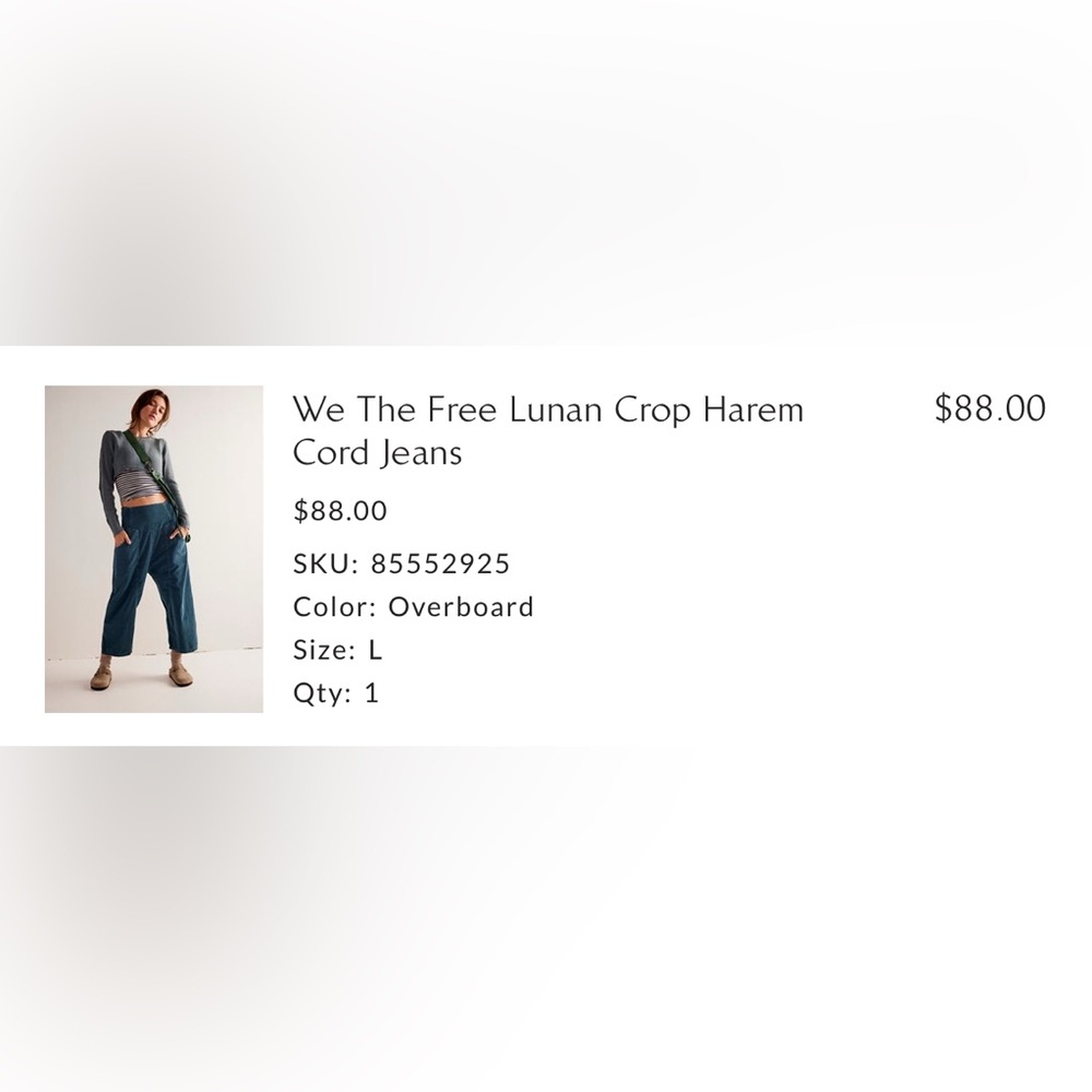 We The Free NWT Lunan Crop Harem
Cord Jeans Color Overboard Size L - Picture 7 of 16